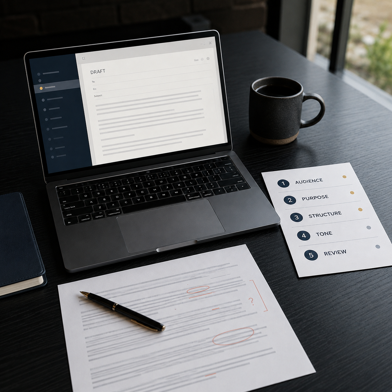 Professional writing workspace with email draft and audience, purpose, structure, tone and review checklist