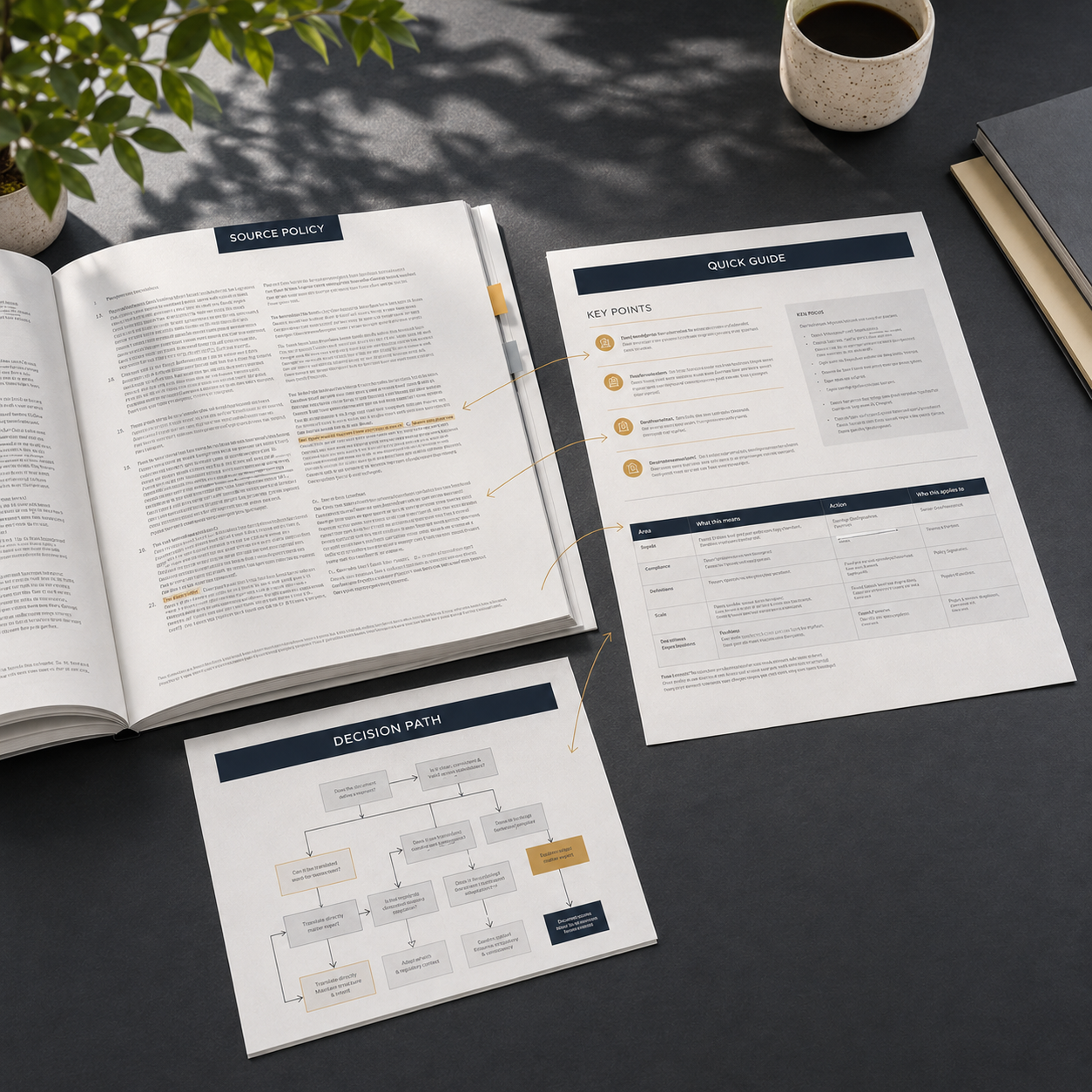 Technical translation resources showing source policy, quick guide and decision path