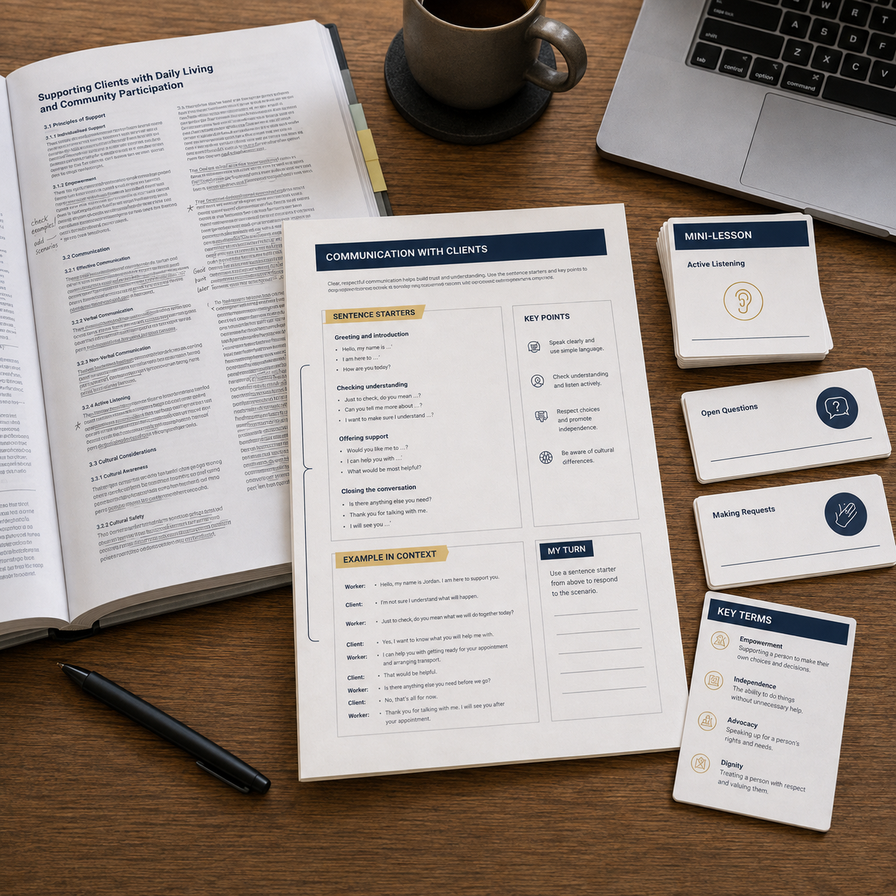 Vocational language support resources with communication guide and mini-lesson cards